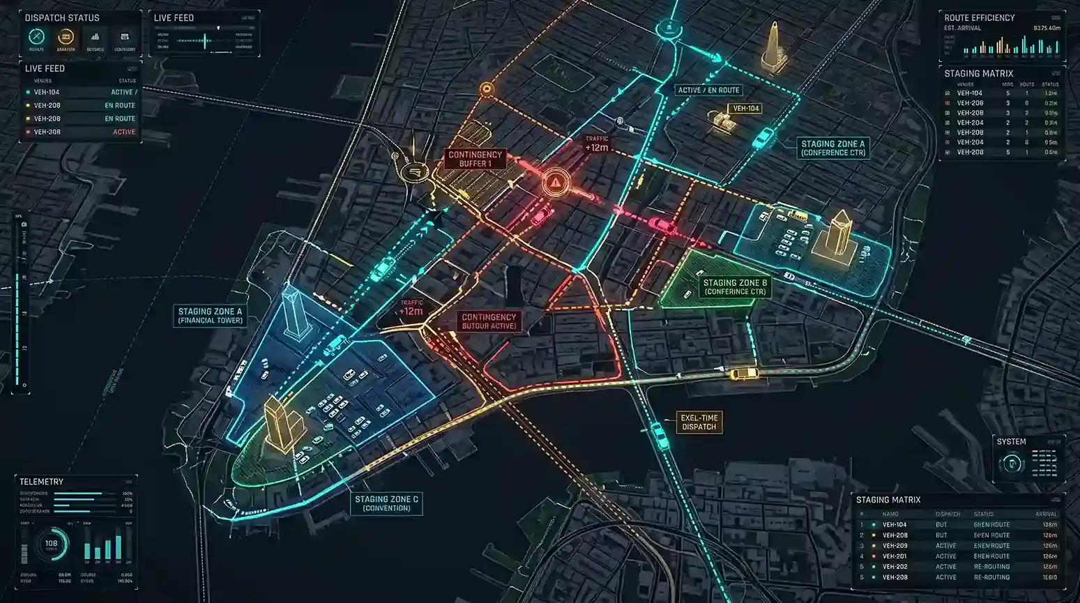 Digital city map interface showing real-time GPS fleet tracking, staging zones, traffic delays, and contingency rerouting data.