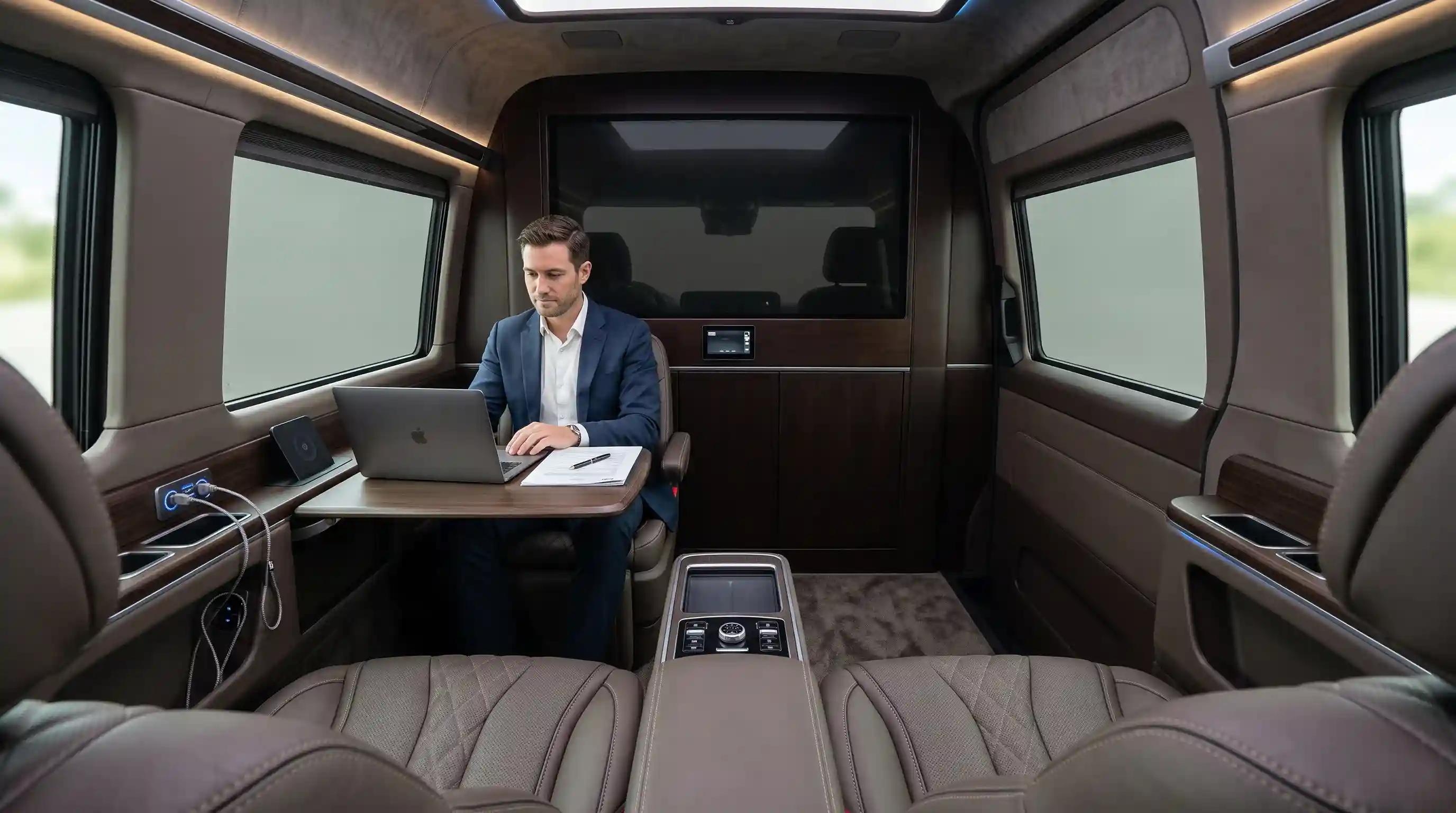 Businessman working on a laptop at a fold-out desk inside a luxury executive sprinter van with leather seating and ambient lighting.