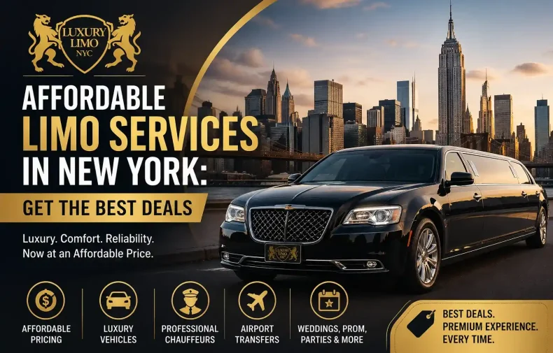 Affordable limo services in New York with black stretch limousine, NYC skyline, and Luxury Limo NYC logo promoting best deals.