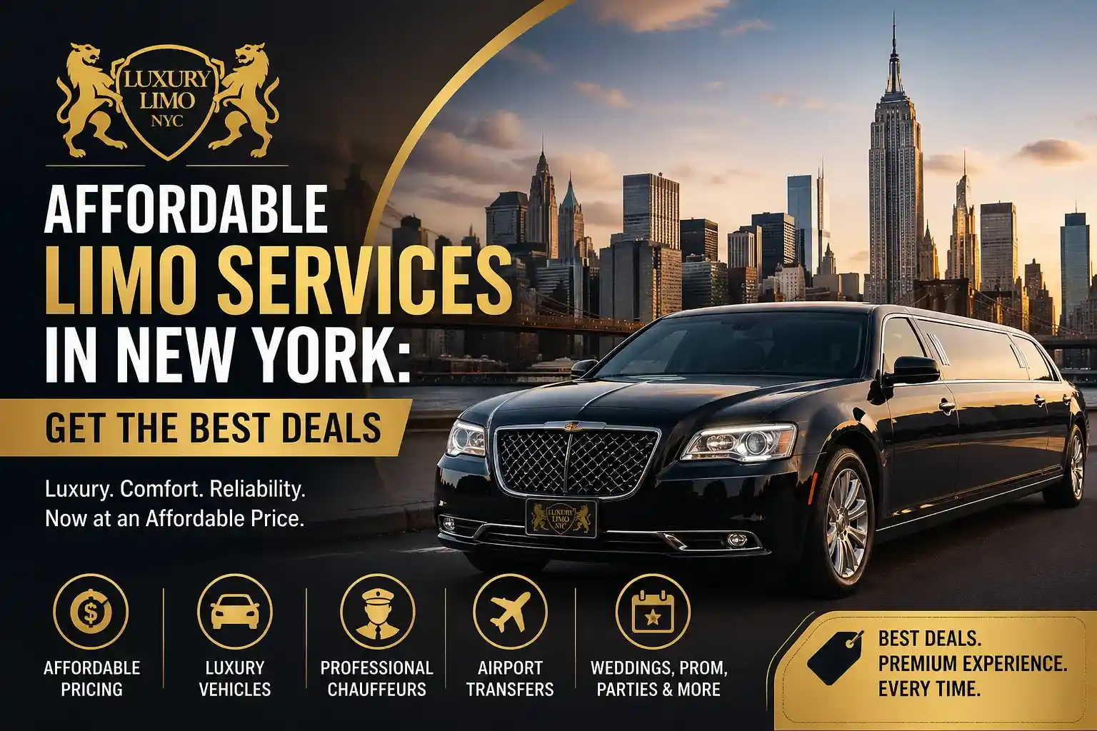 Affordable limo services in New York with black stretch limousine, NYC skyline, and Luxury Limo NYC logo promoting best deals.