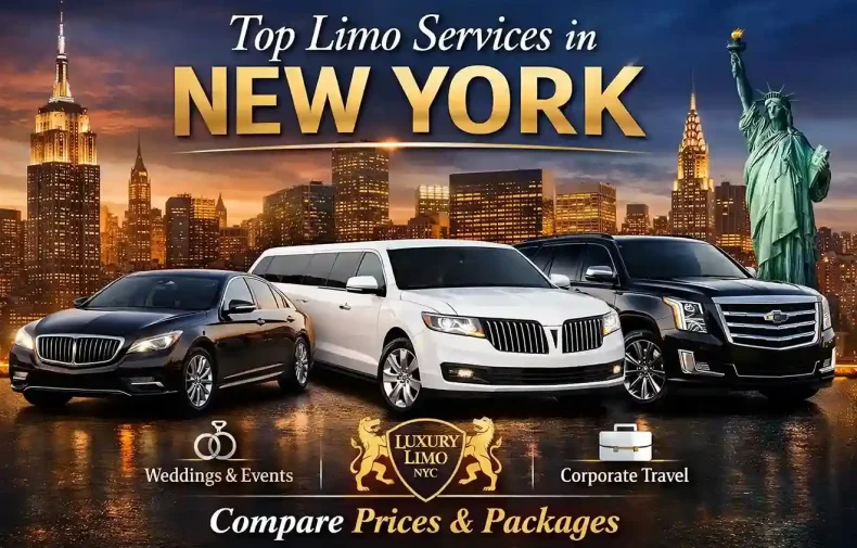 Luxury Limo NYC featured image showing top limo services in New York with luxury sedan, stretch limousine, SUV, NYC skyline, and compare prices packages text.