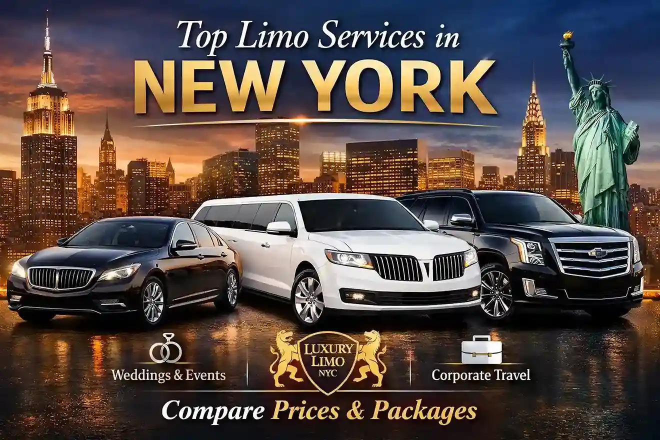 Luxury Limo NYC featured image showing top limo services in New York with luxury sedan, stretch limousine, SUV, NYC skyline, and compare prices packages text.