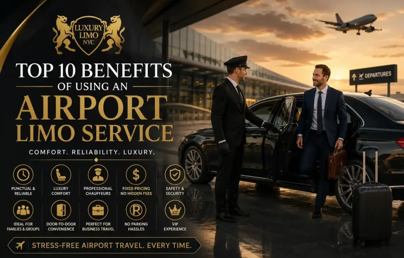 Luxury airport limo service with professional chauffeur assisting a business traveler near a premium black sedan at the airport