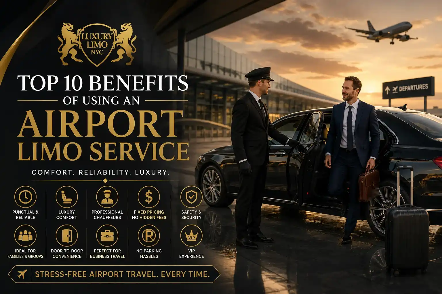 Luxury airport limo service with professional chauffeur assisting a business traveler near a premium black sedan at the airport