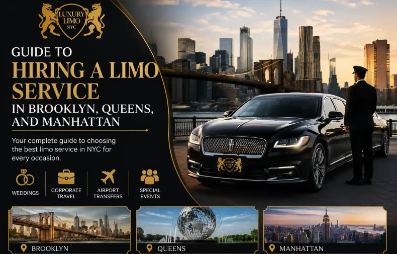 Luxury black limo service in NYC with Brooklyn Bridge and Manhattan skyline for guide to hiring limo services in Brooklyn, Queens, and Manhattan.