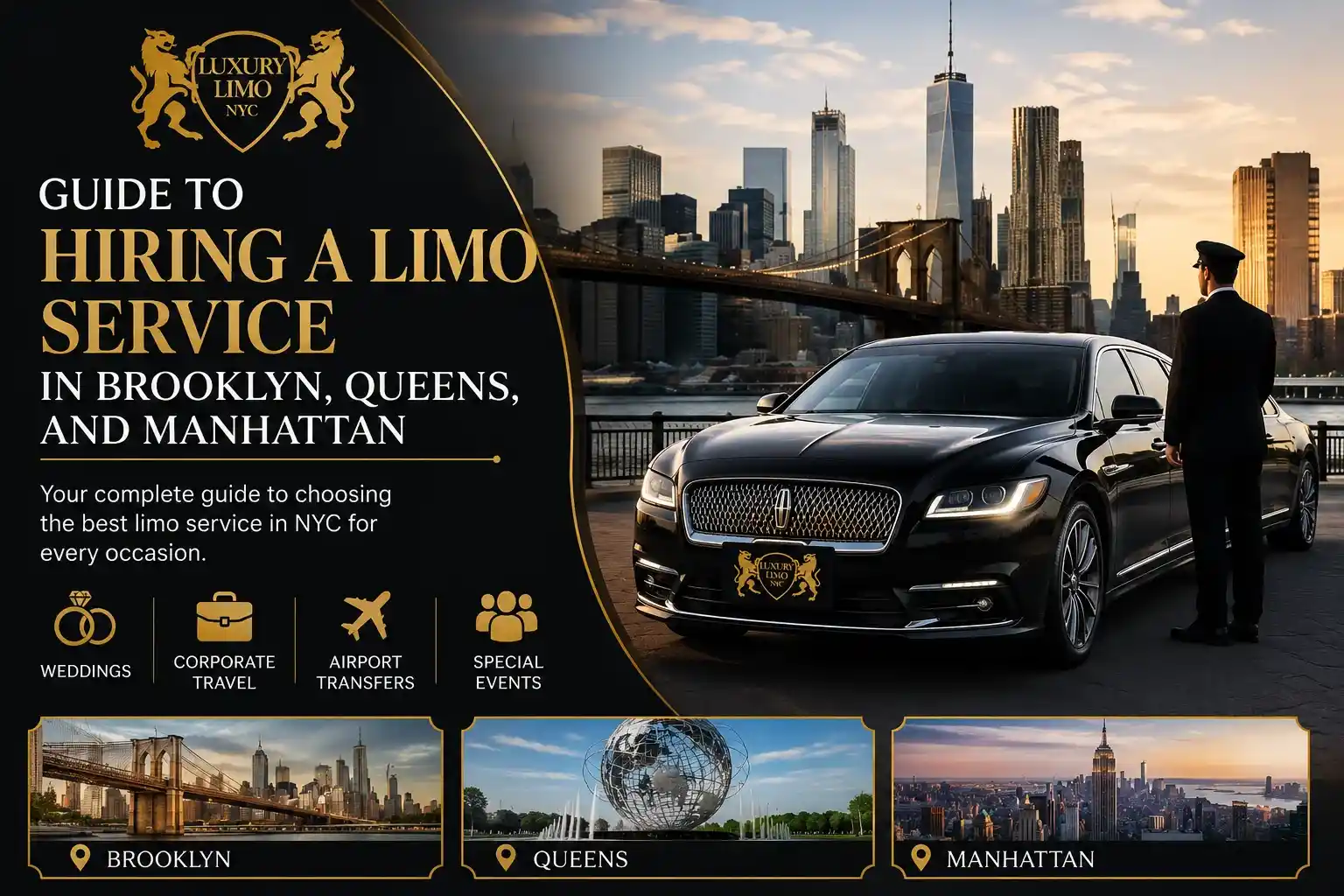 Luxury black limo service in NYC with Brooklyn Bridge and Manhattan skyline for guide to hiring limo services in Brooklyn, Queens, and Manhattan.