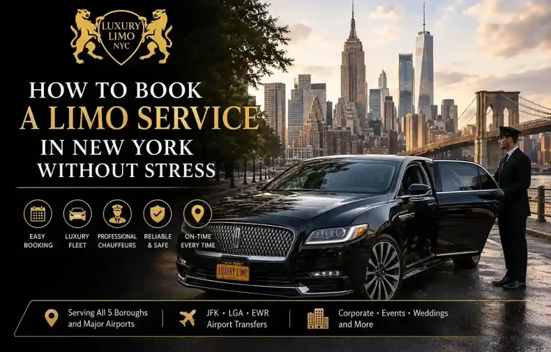 Luxury black limo with chauffeur in New York City skyline featuring Luxury Limo NYC branding for stress-free limo booking services.