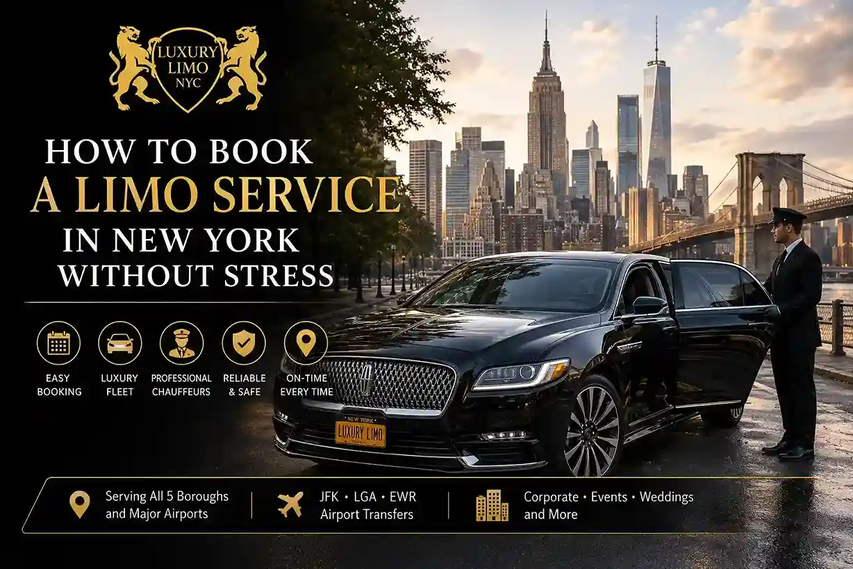 Luxury black limo with chauffeur in New York City skyline featuring Luxury Limo NYC branding for stress-free limo booking services.