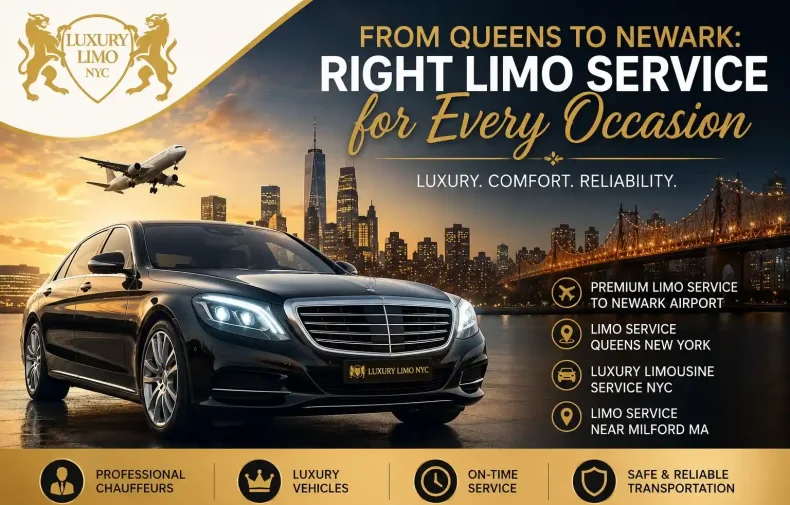 Luxury limousine service NYC featuring a premium black sedan, New York City skyline, and airport transportation theme for Queens to Newark transfers.