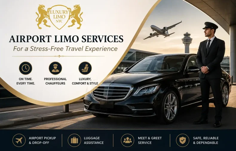 Luxury Limo NYC airport limo service featuring a professional chauffeur, luxury black sedan, and airport terminal for stress-free airport transportation.