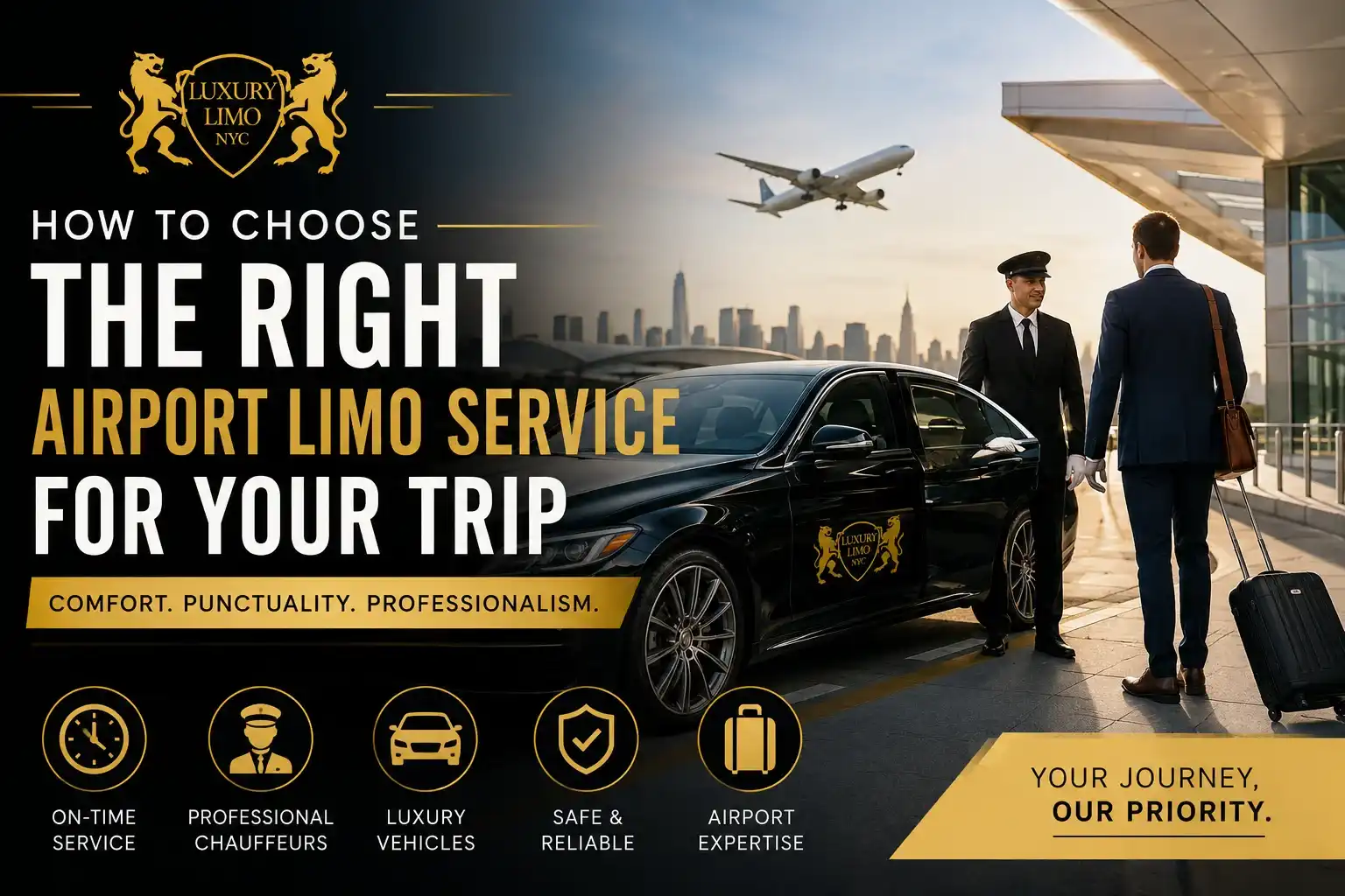 Luxury Limo NYC airport limousine service with professional chauffeur and luxury sedan for reliable airport transportation.