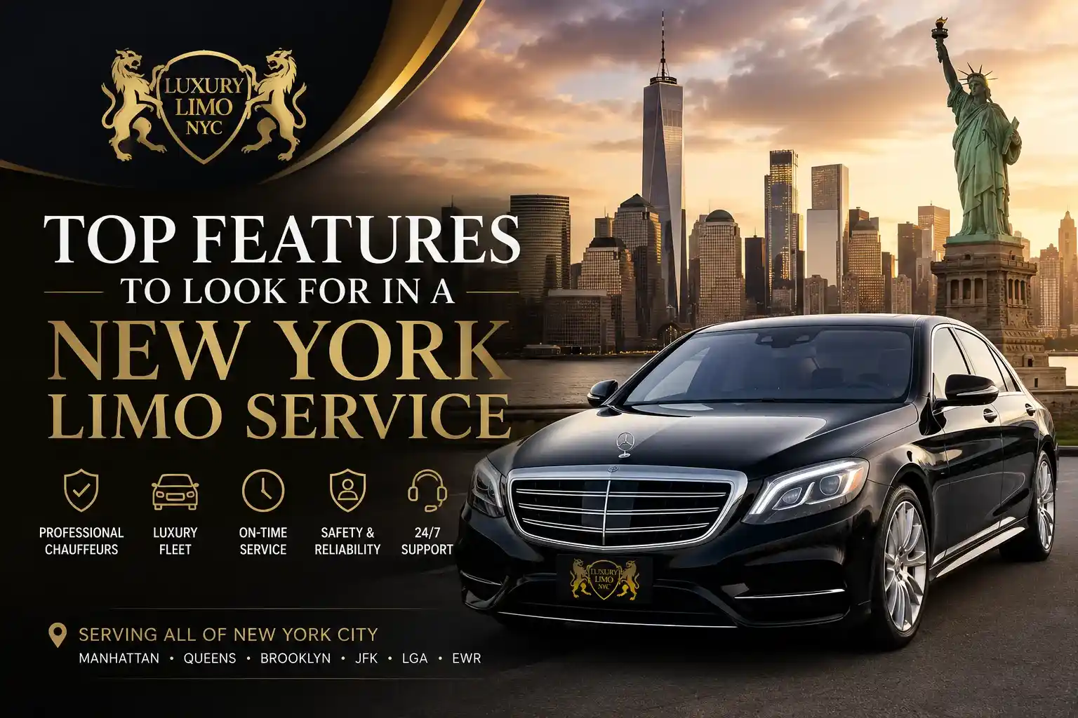 Luxury Limo NYC chauffeur standing beside a black luxury sedan with the New York City skyline in the background, highlighting top features of a professional New York limo service.