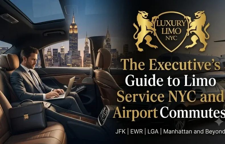 An image for the article "The Executive's Guide to Limo Service NYC and Airport Commutes," showing an executive in a car and a private jet, with the Luxury Limo NYC logo and title.