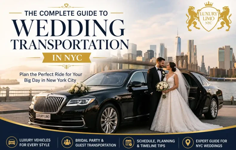 Bride and groom standing beside a luxury black limousine with the Brooklyn Bridge and New York City skyline, representing wedding transportation in NYC.