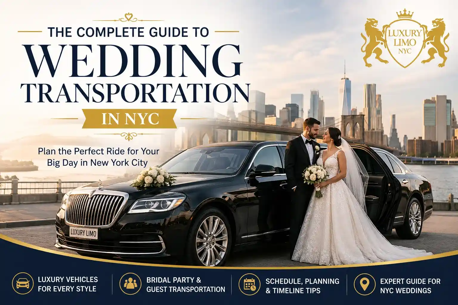 Bride and groom standing beside a luxury black limousine with the Brooklyn Bridge and New York City skyline, representing wedding transportation in NYC.
