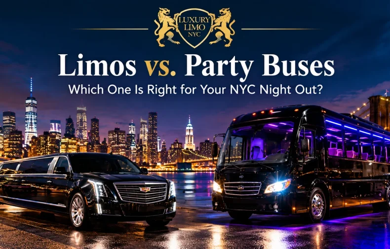 Limos vs party buses for a luxury NYC night out with New York City skyline