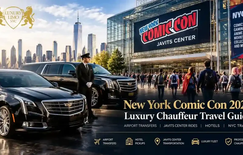 Luxury chauffeur vehicles and professional driver outside the Javits Center for New York Comic Con 2026 transportation in NYC