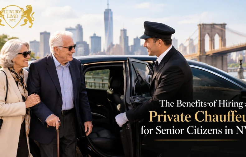 Private chauffeur assisting senior citizens into a luxury vehicle in NYC with Luxury Limo NYC branding.