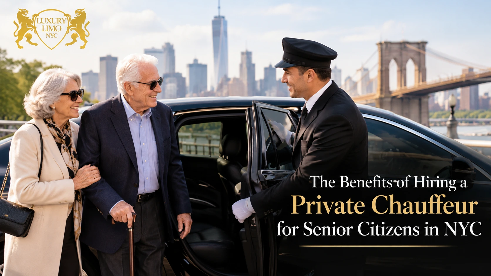 Private chauffeur assisting senior citizens into a luxury vehicle in NYC with Luxury Limo NYC branding.