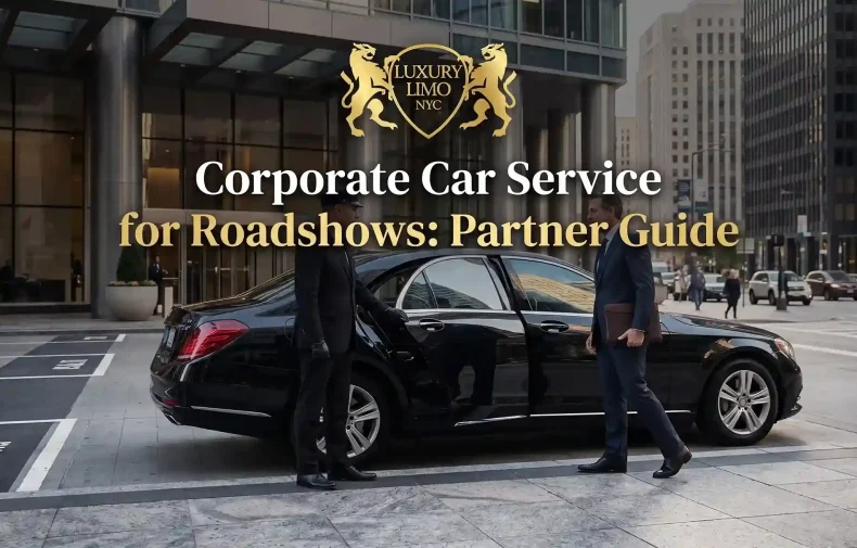 Chauffeur holding the rear door open for a businessman entering a black luxury sedan outside a modern corporate building.