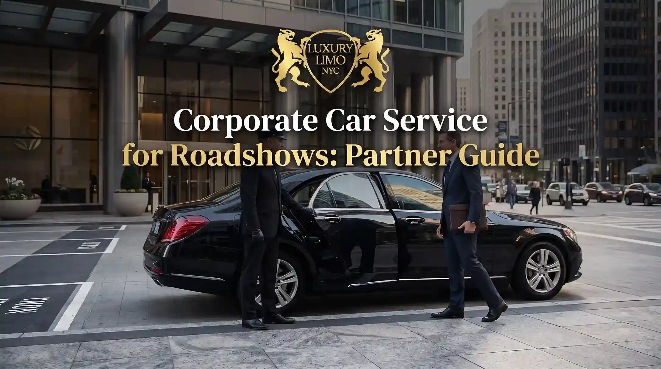 Chauffeur holding the rear door open for a businessman entering a black luxury sedan outside a modern corporate building.